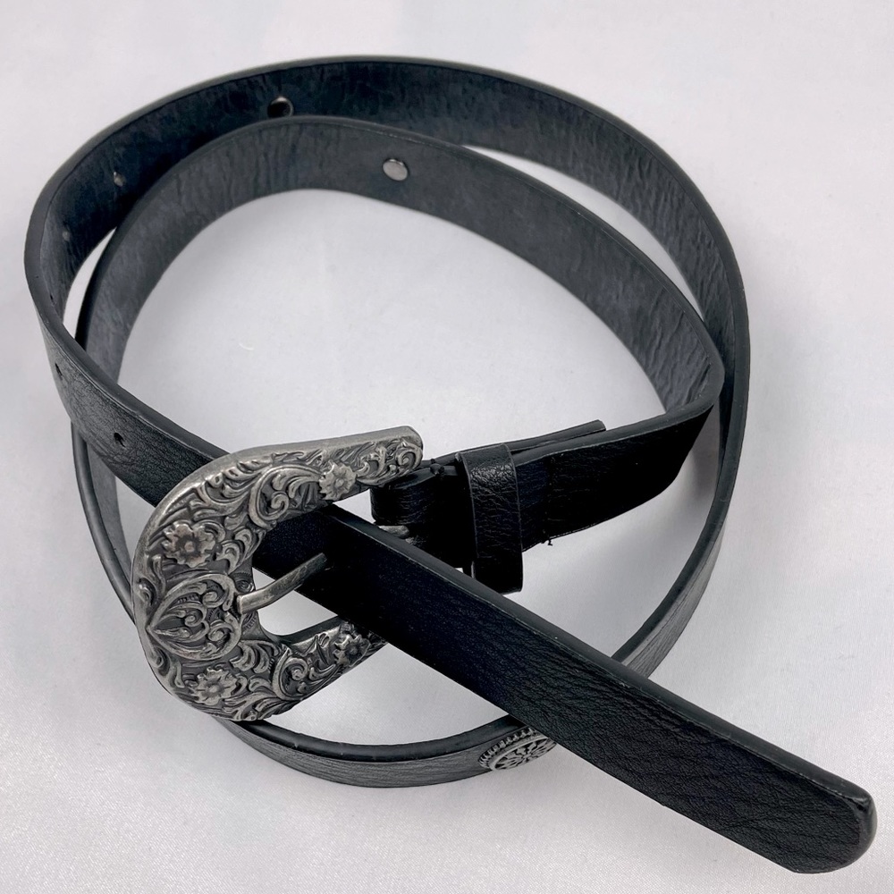 Black/Embellished Silver Buckle Faux Leather Western Belt NWT